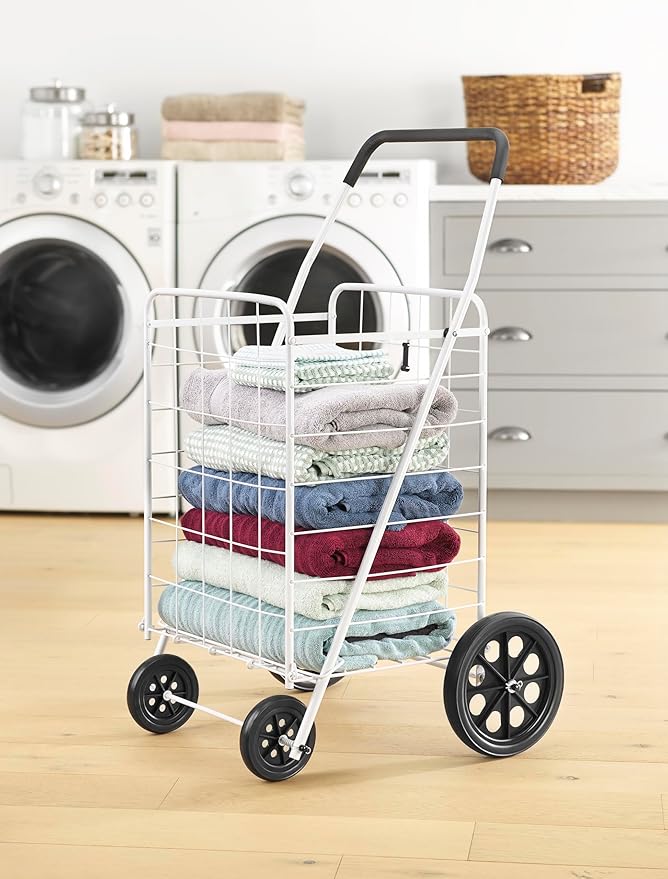 Whitmor Deluxe Utility Foldable Shopping Cart with Wheels, 100 Lb Capacity, Heavy Duty Grocery Cart with Steel Frame, Foam Handle, Rolling Folding Utility Trolley for Grocery, Laundry, Travel, White