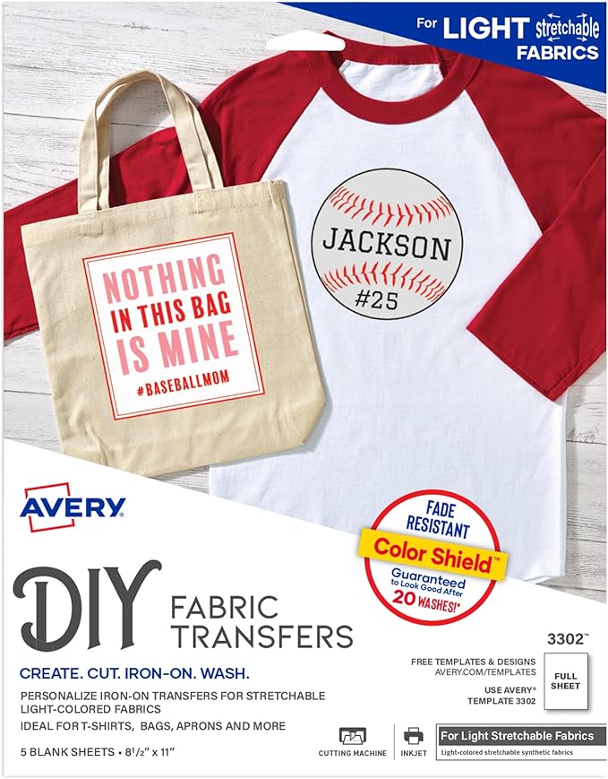 Avery Printable Stretchable Heat Transfer Paper for Light Fabrics, 8.5" x 11", Inkjet Printer, 5 Sheets (3302)