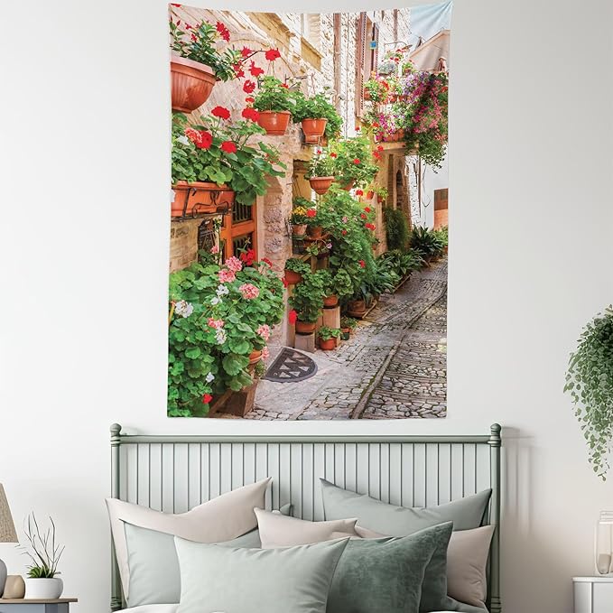 Ambesonne Italian Tapestry, Street View of a Small Renaissance Town with Floral Porches and Rock Mediterranean, Fabric Wall Hanging Decor for Bedroom Living Room Dorm, 23" X 28", Pale Brown