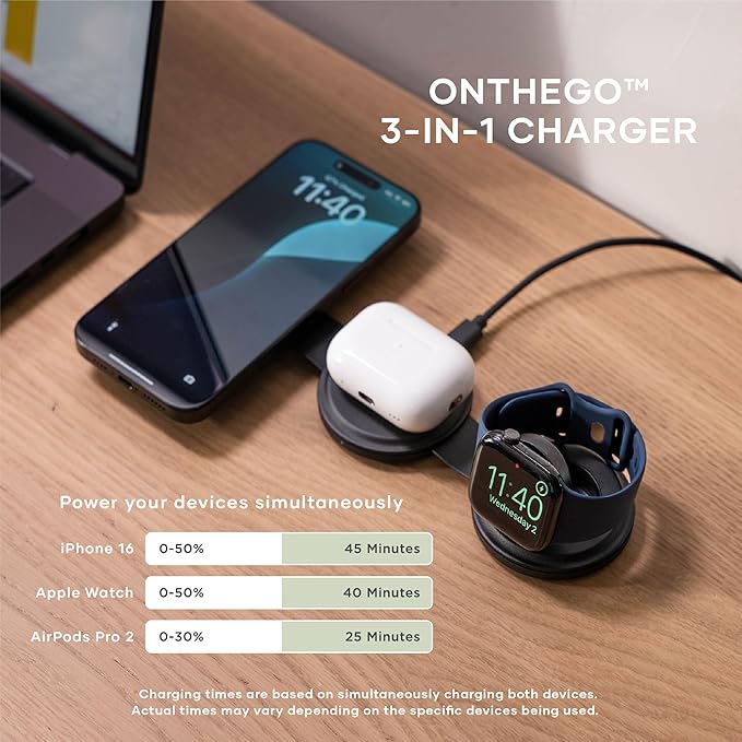 Satechi OntheGo™ 3 in 1 Wireless Charger, Qi2 Portable Charger with 15W Fast Charging for iPhone 17 to 12 Series, 5W for Apple Watch, and 5W for AirPods, Magnetic Travel Charging Station – Black
