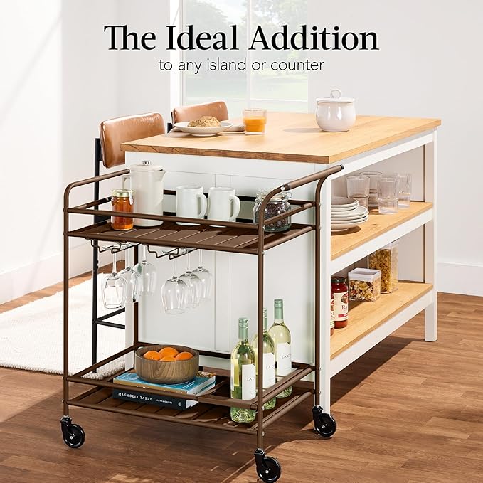 Best Choice Products Rolling Bar Cart, Mobile Home Bar Serving Cart, Serving Station w/ 2 Tier Shelves, Wine Rack, Lockable Wheels - Brown