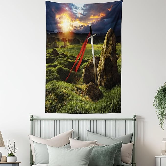 Ambesonne King Tapestry, Arthur Camelot Myth in England Ireland Fields Invincible Myth Image, Fabric Wall Hanging Decor for Bedroom Living Room Dorm, 30" X 45", Green Blue Red