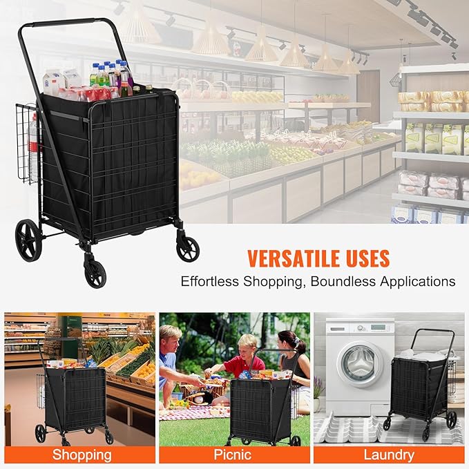 VEVOR Folding Shopping Cart with Removable Waterproof Liner, 330LBS Large Capacity Jumbo Grocery Cart with Dual Basket, 360° Swivel Wheels, Dense Metal Mesh Base, Heavy Duty Utility Cart for Shopping