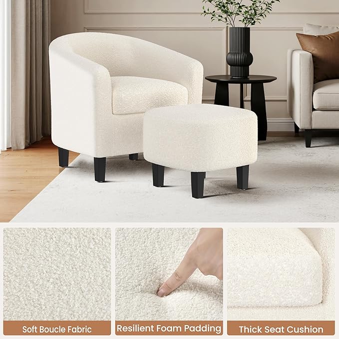 Yaheetech Accent Chair and Ottoman Set, Mid Century Boucle Fabric Barrel Chair and Comfy Fabric Footrest for Living Room/Bedroom/Reading Room, Ivory, 2 PCS