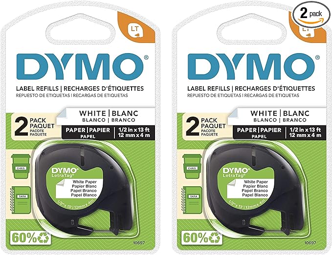 Dymo 10697 Self-Adhesive White Paper Labeling Tape for LetraTag, 2 Blister Packs (4 Refills), Black on White, 2 Count (Pack of 2)