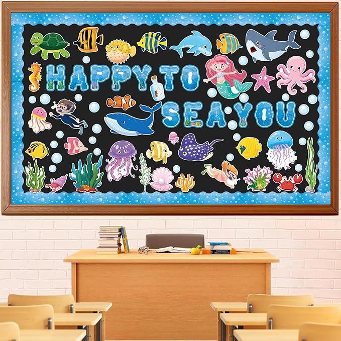 97 Pcs Ocean Animal Bulletin Board Decorations, Under The Sea Classroom Decorations Happy to Sea You Bulletin Board Decor for School Classroom Ocean Themed Party Supplies