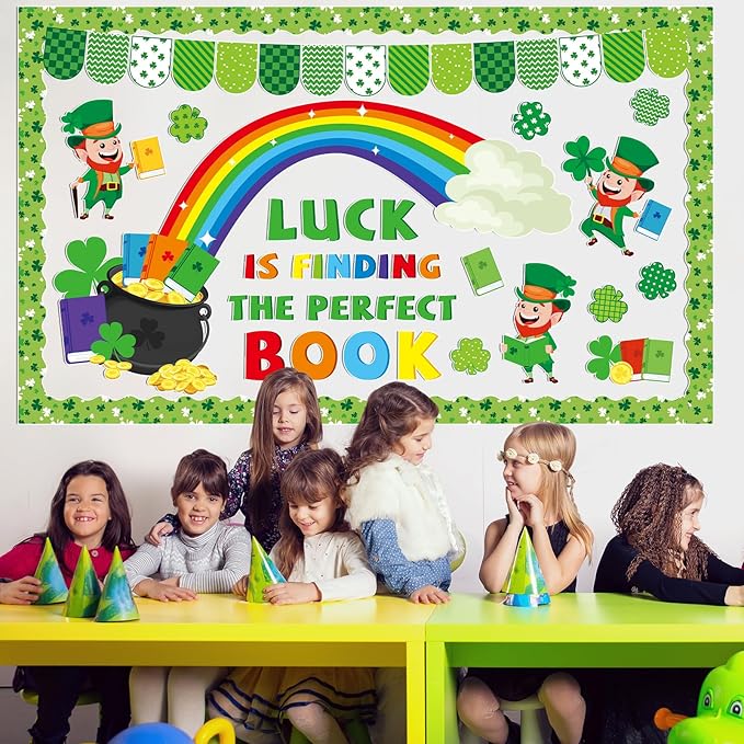 78Pcs St. Patrick's Day Reading Bulletin Board Decorations Spring Lucky Shamrock Paper Cutouts Bulletin Border Set Saint Patrick Day Green Clover Supplies for Irish School Chalkboard Wall Decorations