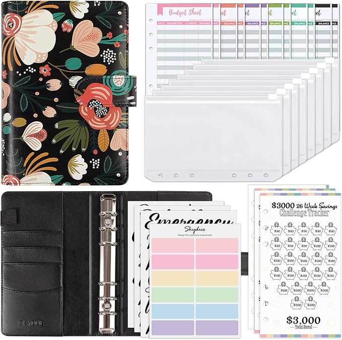 SKYDUE Budget Binder with 8Pcs Cash Envelopes, 12Pcs Expense Budget Sheets, 2Pcs Challenge Trackers, and Category Labels - Budget Binder & Challenges Book Combo for Saving Money