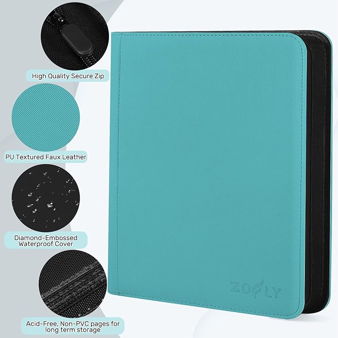 12 Pocket Card Binder, Zipper Trading Card Binder, 720 Large Capacity Side Loading Non-Ring Card Album, Double Sided Acid-Free Card Protector Binder, Card Collection for TCG, MTG, Sport Card, Teal