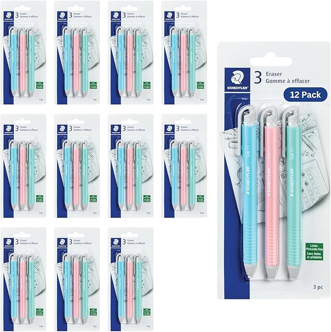 STAEDTLER Vinyl Eraser Holder 12-Pack (12 Sets of 3 pcs): 3 Units Retractable Erasers for Pencils, Soft Vinyl, Latex-Free, Clean Edges, No Smudges, Pastel Colors, 36 Count