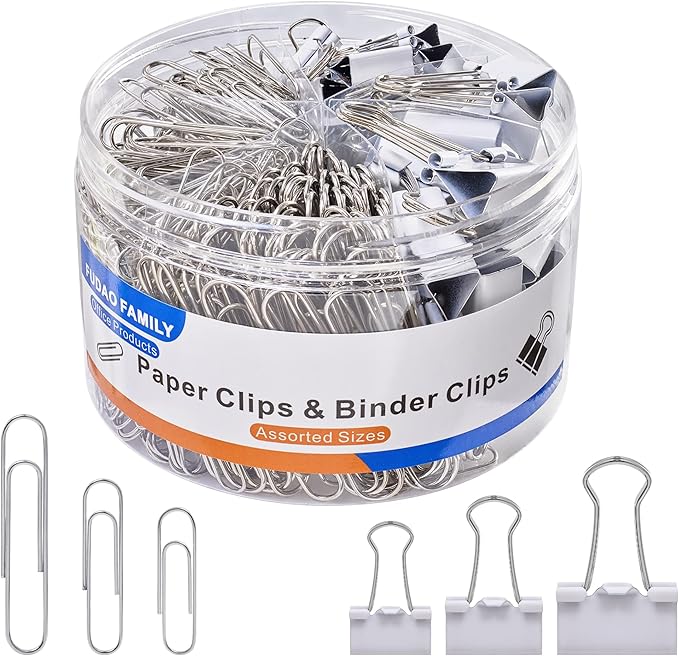 FUDAO FAMILY Paper Clips & Binder Clips, 340 PCS Assorted Sizes, Silver & White