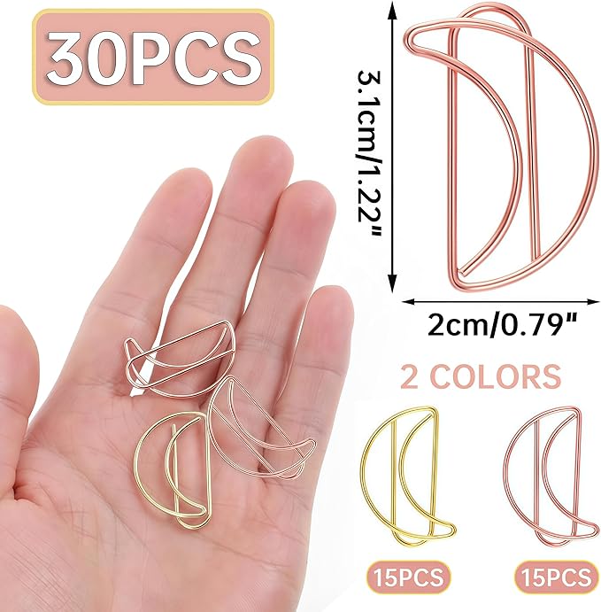 30 Pcs Moon Shaped Paper Clips Set in Gold & Rose Gold, Metal Cute Paperclips Bookmarks Planner for Office and School File Organization, Party and Wedding Decor