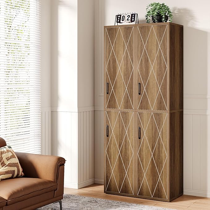 Tribesigns 75" Tall Narrow Storage Cabinet Set of 2, Modern Farmhouse Pantry Cabinet with Doors and 6 Shelves, Skinny Freestanding Utility Cabinet for Kitchen, Bathroom, Laudry, Living Room, Brown