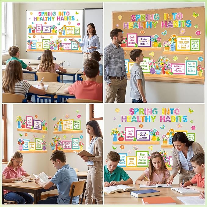 Qilery Spring Healthy Habits Bulletin Board Set Classroom Decorations - Motivational Nutrition Paper Cutouts for Elementary School Nurse Office - Educational Positive Wall Decor for Teachers & Library