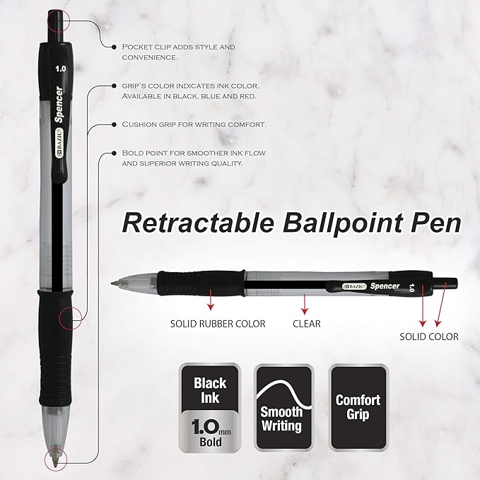 BAZIC PRODUCTS Gel Pens, Spencer Retractable Gel Pen, 1.0 mm Bold Tip for Smooth Writing for Office, School, or Teacher Use, Premium Writing Pens (5/Pack), 24-Pack