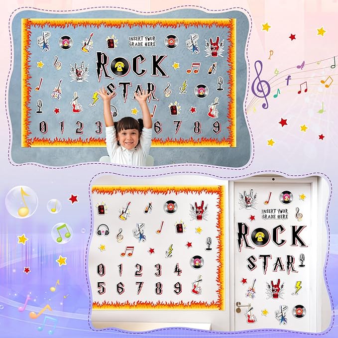 109 Pcs Music Bulletin Board Set Rocking Star Theme Classroom Decorations Disco Guitar Music Records Paper Cutouts for School Window Chalkboard Wall Door Decor Supplies