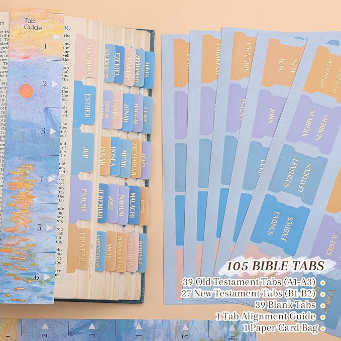 Bible Tabs, 66 Gold Foil Pre-Printed Chapter Labels + 39 Blank Impression Sunrise Theme Laminated Index Tabs with Alignment Ruler, Bible Journaling Study Supplies for Women & Men, Bible Accessories