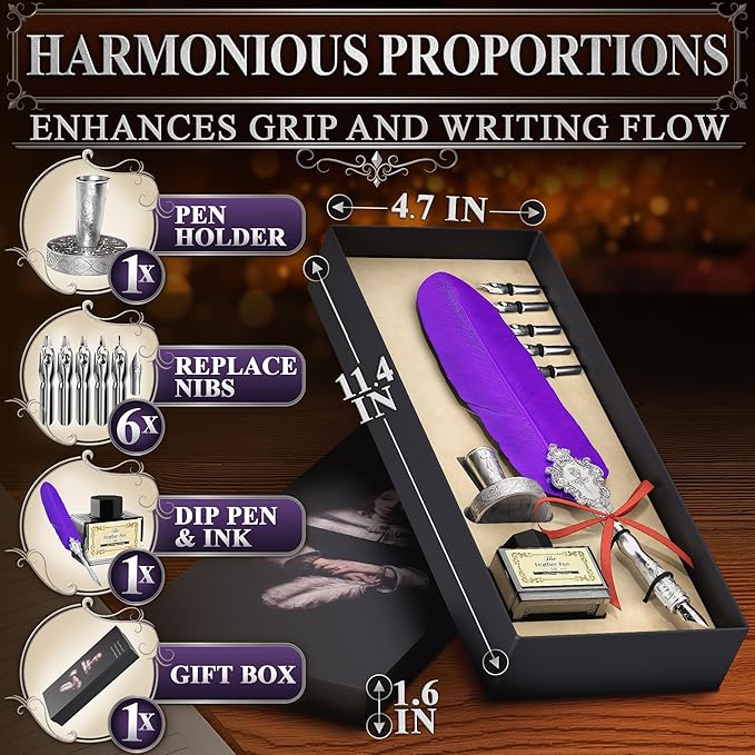 Victorian Writing Quill and Ink Set – Stainless Steel Dip Pen Feather Quill Pen and Ink Set with 5 Nib Refills, Secure Textured Grip, Gift-Ready Box with Display Stand – Calligraphy Gift Set (Purple)