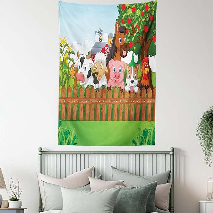 Ambesonne Cartoon Tapestry, Composition Farm Animals on Fence Comic Mascots Dog Cow Horse Design, Fabric Wall Hanging Decor for Bedroom Living Room Dorm, 30" X 45", Green Multicolor