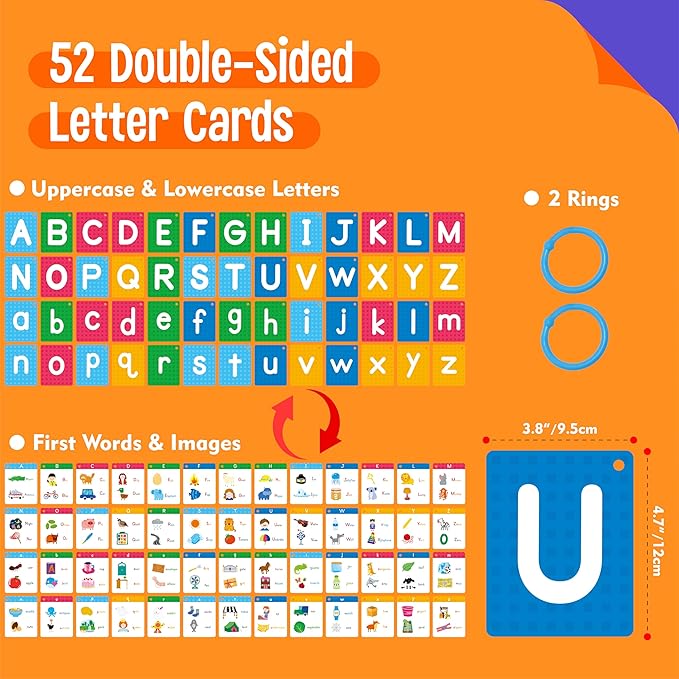 Alphabet Flash Cards, 52 Lowercase & Uppercase Letter Cards Jumbo Size Letter Sounds Flashcards Letter Recognition Learning for Kids, Toddlers, Classroom, Preschool, Kindergarten