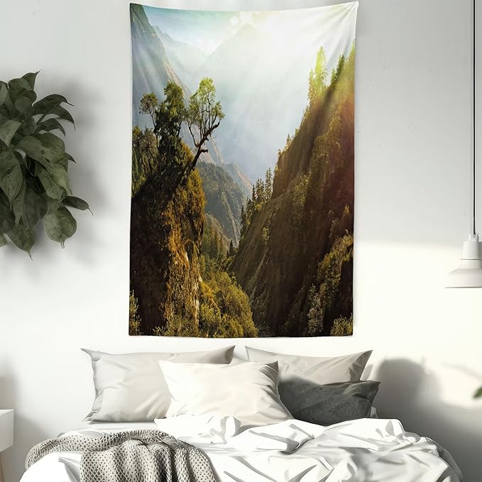 Ambesonne Landscape Tapestry, Forest Nepal Himalaya Mountains Sunlight Majestic Scenery Nature Photo, Fabric Wall Hanging Decor for Bedroom Living Room Dorm, 30" X 45", Green Pale Yellow