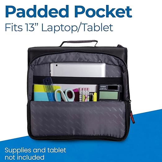 Case-it The Universal 2.0 Zipper Binder -1.5 Inch D-Ring - Removable Padded Pocket Holds Up to 13" Laptop/Tablet - Multiple Pockets - 350 Page Capacity - Comes with Shoulder Strap - Jet Black LT-207