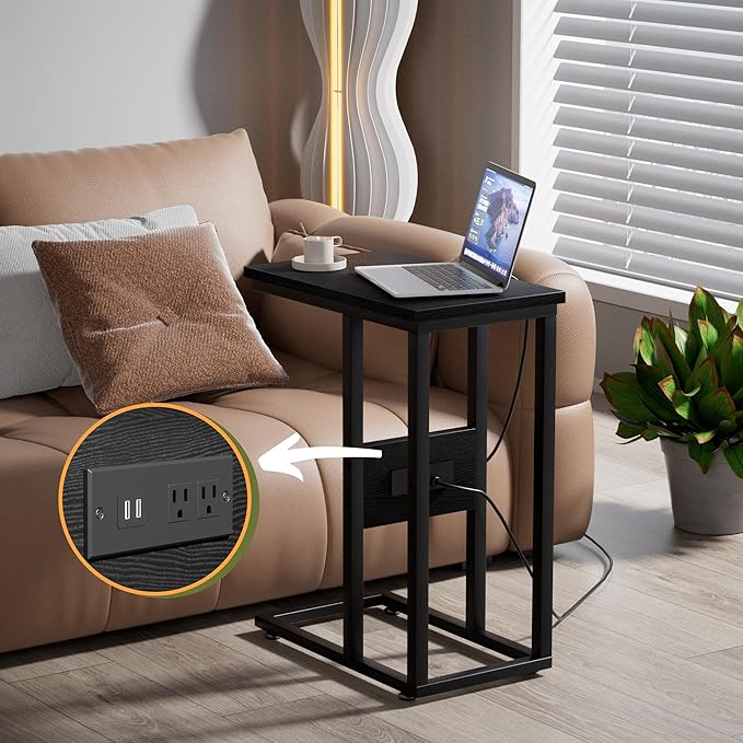 VECELO C Shaped End Table with Charging Station & Power Outlets, Quick Access Side Table for Sofa, C Bedside for Living Room Bedroom 2 Set,Black