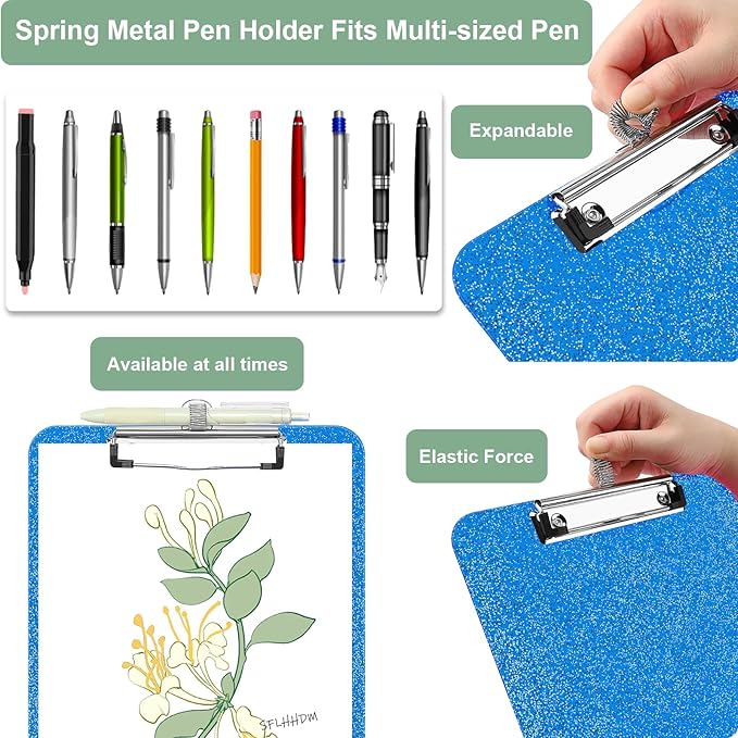 SFLHHDM Clear Glitter Clipboards, Plastic Clipboard with Pen Holder, Clip Boards 8.5x11 with Low Profile Clip, Cute Hanging Clip Board for Office School Supplies Sparkly Clipboard (Royal Blue)