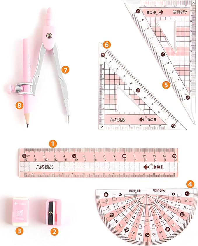 8 Pcs Compass/Math Set for Students with Shatterproof Storage Box, Geometry Set for School, Includes Ruler, Protractor, Compass, Pencil,Pencil Sharpener and Eraser,etc. Perfect Gift (Pink)