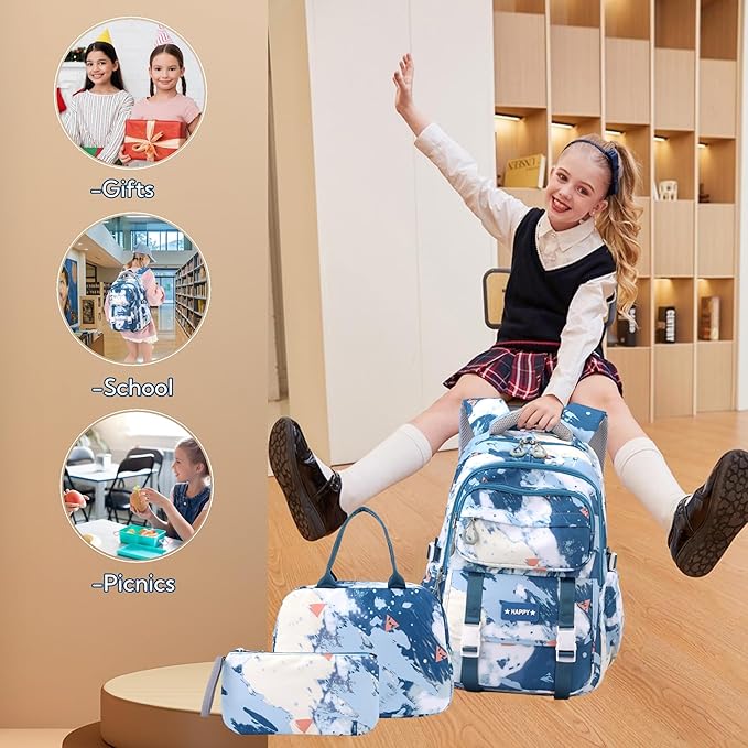 Kids Backpack for Girls School Bag with Lunch Box Elementary Middle High School Backpacks Students Boys Bookbag School Bags Set for Teens Girls (Blue)