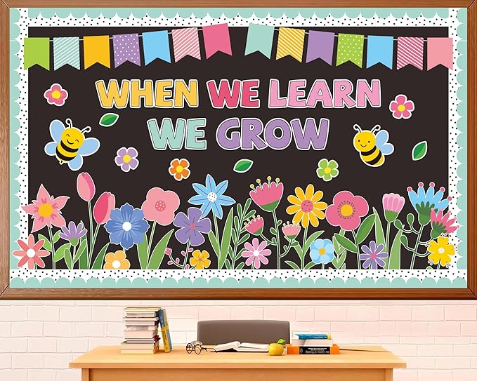 Spring Bulletin Board Set Spring Classroom Decorations When We Learn We Grow Inspirational Bulletin Board Flower Cutouts Wall Decor for School Office Chalkboard Window Door Decor Supplies