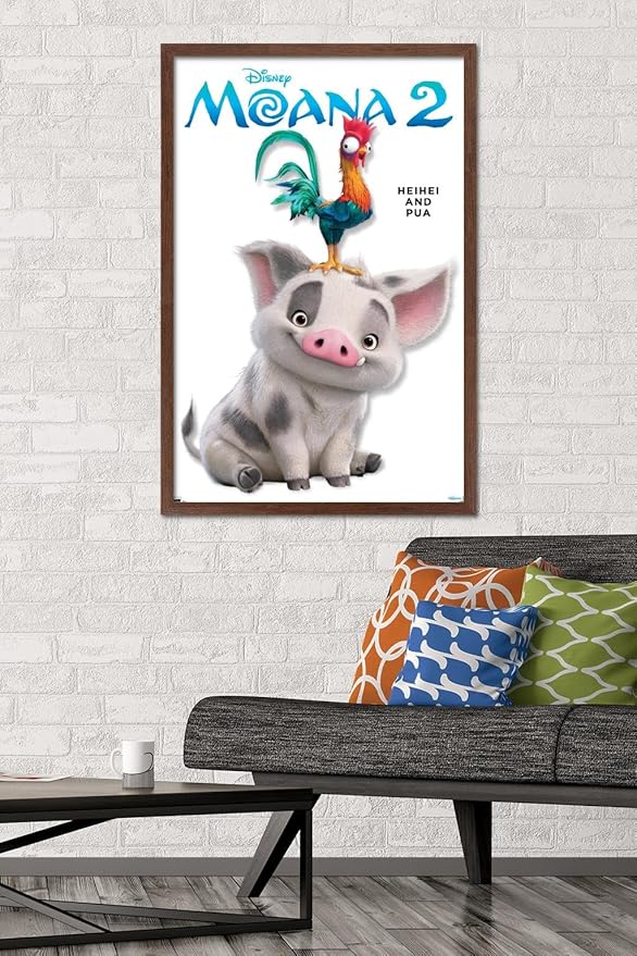 Disney Moana 2 - Heihei and Pua Feature Series Wall Poster, 34L" x 22.4W", Mahogany Framed Version