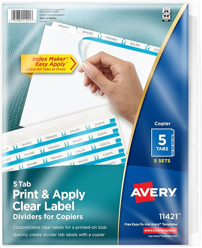 Avery 5-Tab Binder Dividers, Easy Peel Clear Labels for Copiers, Index Maker, White Tabs, 5 Sets (11421)