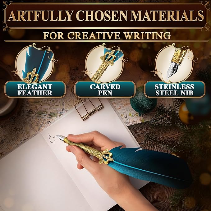 Vintage Feather Quill Pen and Ink Set - Elegant Blue Feather Pen and Ink Set for Signatures, Writing, and Drawing - Calligraphy Kit with Stainless Steel Nib for Beginners and Calligraphy Enthusiasts