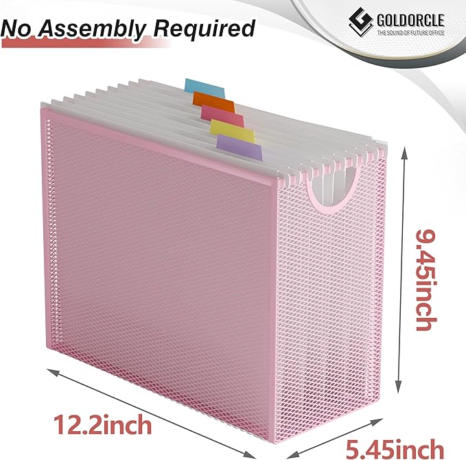Hanging File Organizer, Letter-Size File Holder Filing Box with 5 Hanging Folders, Metal Mesh Desk File Folder Storage(No Assembly Required) (Pink, with 5 Grey Folders)