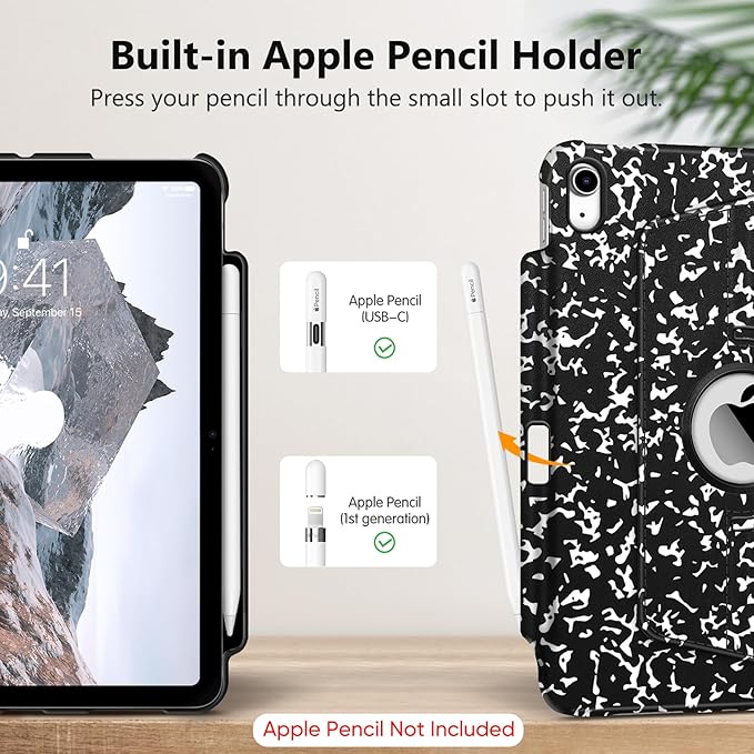 Fintie Rotating Case for iPad (A16) 11th Generation 11 Inch (2025), iPad 10th Generation 10.9 Inch (2022) - [Built-in Pencil Holder] 360 Degree Rotating Protective Stand Cover, Composition Book Black