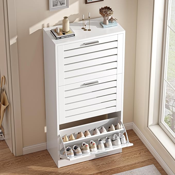 VECELO Slim Shoe Storage Cabinet with 3 Flip Drawers, Free Standing for Narrow Entryway, Modern Style, White (47.8" x 23.6" x 11.4")