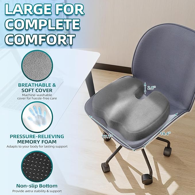Seat Cushion for Office Chair Memory Foam Coccyx Pain Relief Cushion Pillow for Back Support Non-Slip Seat Pad for Office Desk (Grey)