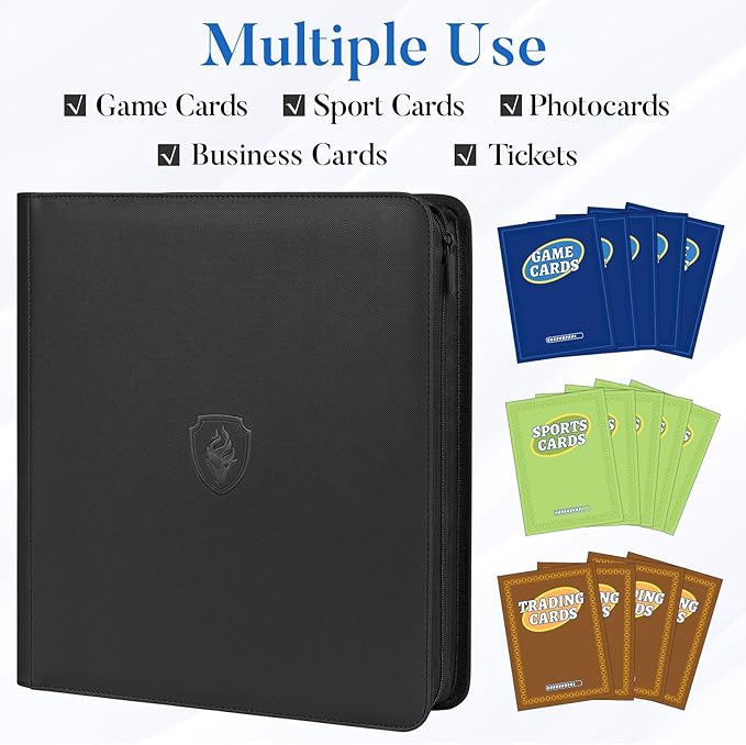 Premium Zip Card Binder 12 Pocket, Fabmaker 912 Pockets Trading Card Binder, PU Zipper Card Collection Album, Sturdy Side-Loading Card Book Holder for Game & Sports Cards, Black