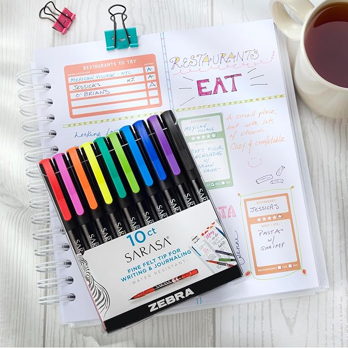 Zebra Pen, SARASA Fineliner Felt Tip Pens, 0.8mm Porous Point, Assorted Colors, Archival Quality, Acid Free, Fast-Drying Ink, Smooth Writing for Notes, Planners, and Journals, 10-Pack (67101)