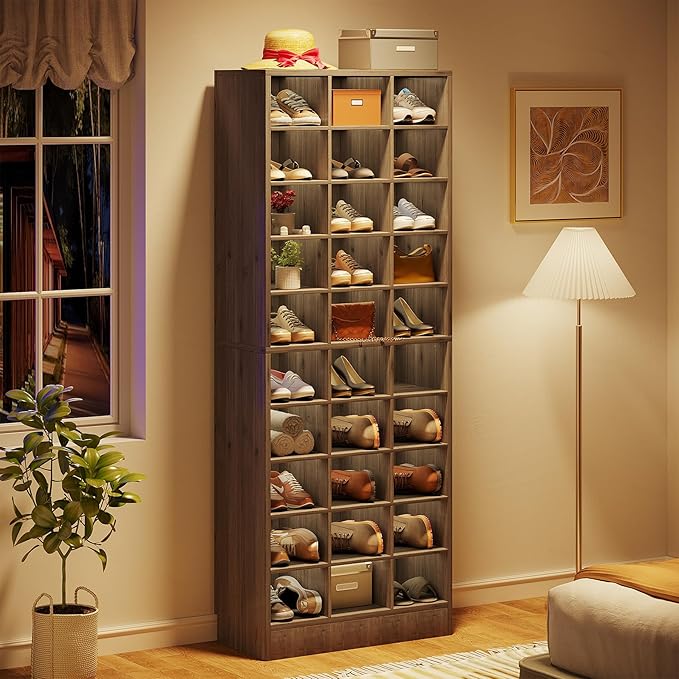 Tribesigns 10-Tier Shoe Storage Cabinet, Gray Wooden Shoe Rack with 30 Cubbies, Freestanding Tall Entryway Shoe Organizer for Closet, Entryway, Living Room
