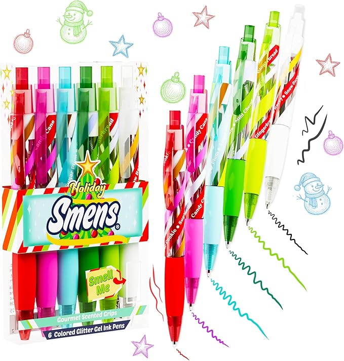 Holiday Smens - Patented Gourmet Scented Colored Glitter Gel Ink Pens, Medium Point, 6 Count - Fun, Cute, Cool, Smelly Pens for Kids