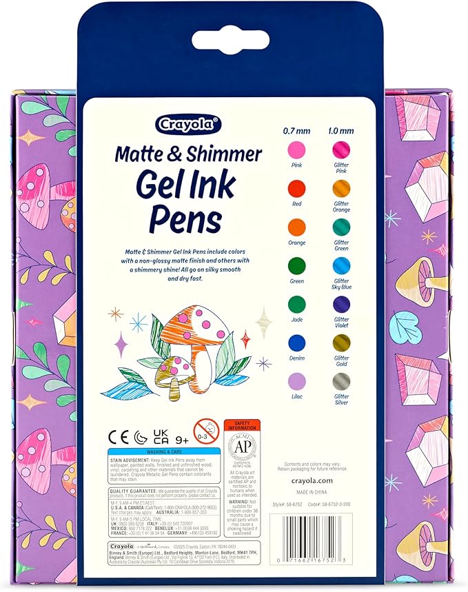 Crayola Gel Ink Pen Marker Set, 14 Matte & Glitter Pens, Gel Pens for Coloring, Fine Point, Gift for Kids & Teens, Ages 4+