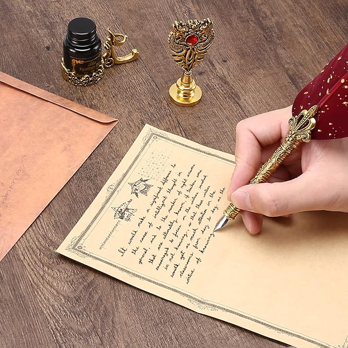 Quill Feather Pen and Ink Set, Calligraphy Pen Glass Dip Pen and Wax Seal Stamp Kit (Red)