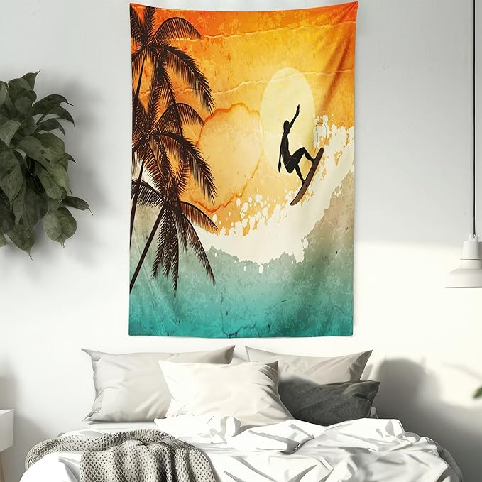 Ambesonne Grunge Tapestry, Illustration of Tropical Island Surfer on Sea Waves and Palms at Sunset, Wall Hanging for Bedroom Living Room Dorm Decor, 60" X 80", Orange Turquoise Black
