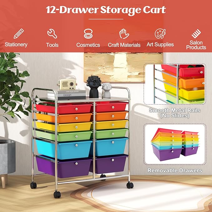 COSTWAY 12-Drawer Rolling Storage Cart, Moveable Art Craft Organizer W/Lockable Wheels, Metal Shelf, Files Arrangement Tools Makeup Storage Cart for Office, Home, School (Multi-Color)