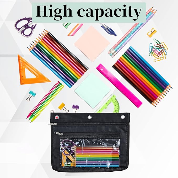 YoeeJob 6 Pack 1 Inch Expandable Zipper Pencil Pouches with Clear Window for 3 Ring Binder, Suitable for School & Office（Black+Blue）