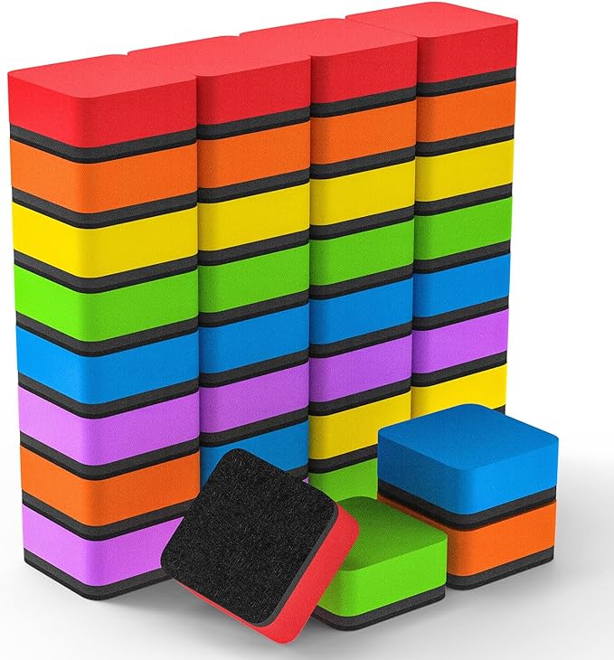 MaxGear Whiteboard Erasers, 36 Pack Magnetic Dry Erase Eraser, Mini Whiteboard Cleaning Pads for Classroom, Chalkboard Wiper Teacher Supplies for School, Office, Home, 6 Rainbow Color Set, 2 x 2 Inch