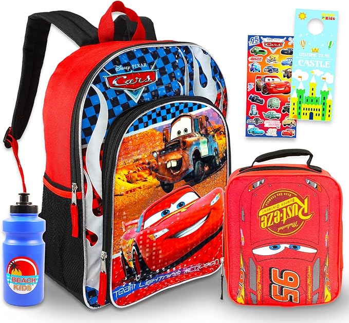 Disney Cars Backpack and Lunch Bag Set - Bundle with 16” Disney Cars Backpack, Lunch Box, Stickers, More | Lightning McQueen School Supplies for Kids