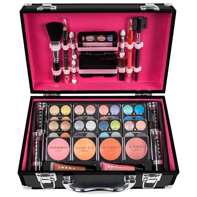 SHANY Carry All Make up Train Case with Pro Makeup Set, Beauty Brushes, Lipsticks, Eye Shadows, Blushes, Powders, and more - Reusable Cosmetics Storage Organizer - Premium Gift Packaging - Black